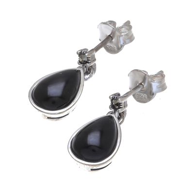 Onyx dangle earrings, 'Droplet Gleam in Black' - Drop-Shaped Black Onyx Dangle Earrings from Thailand