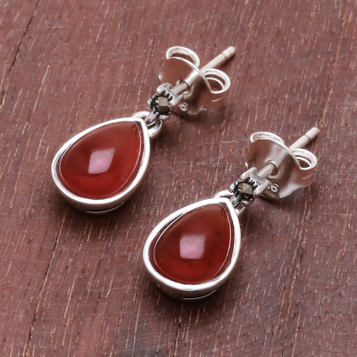Carnelian dangle earrings, 'Droplet Gleam' - Drop-Shaped Carnelian Dangle Earrings from Thailand