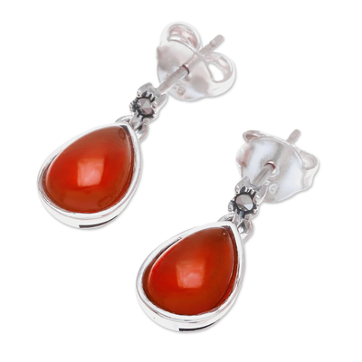 Carnelian dangle earrings, 'Droplet Gleam' - Drop-Shaped Carnelian Dangle Earrings from Thailand