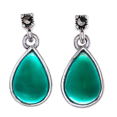 Onyx dangle earrings, 'Droplet Gleam in Green' - Drop-Shaped Green Onyx Dangle Earrings from Thailand