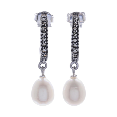 Cultured pearl dangle earrings, 'Moonlight Curve' - Cultured Pearl Half-Hoop Dangle Earrings from Thailand