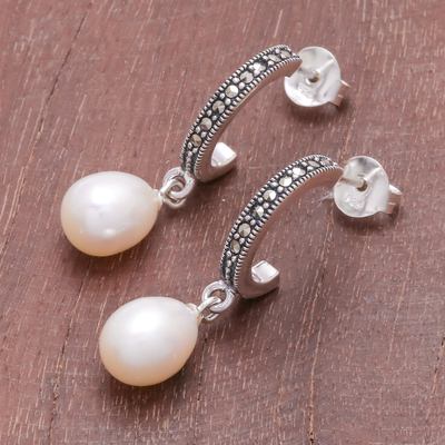 Cultured pearl dangle earrings, 'Moonlight Curve' - Cultured Pearl Half-Hoop Dangle Earrings from Thailand