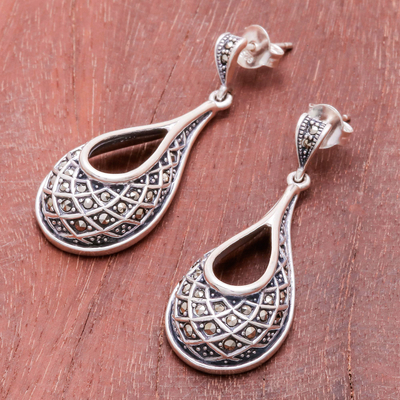 Sterling silver dangle earrings, 'Lovely Dew' - Sterling Silver and Marcasite Dangle Earrings from Thailand