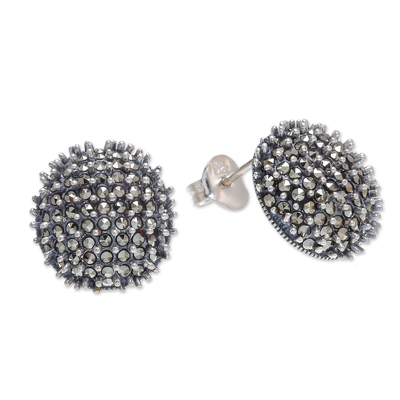 Sterling silver button earrings, 'Glittering Night' - Combination-Finish Sterling Silver Button Earrings