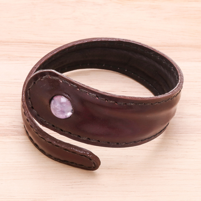 Men's amethyst and leather wrap bracelet, 'Rugged Solitaire in Purple' - Men's Brown Leather and Amethyst Bead Tapered Wrap Bracelet