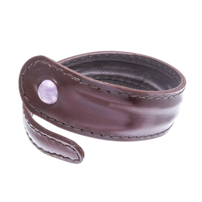 Men's amethyst and leather wrap bracelet, 'Rugged Solitaire in Purple' - Men's Brown Leather and Amethyst Bead Tapered Wrap Bracelet