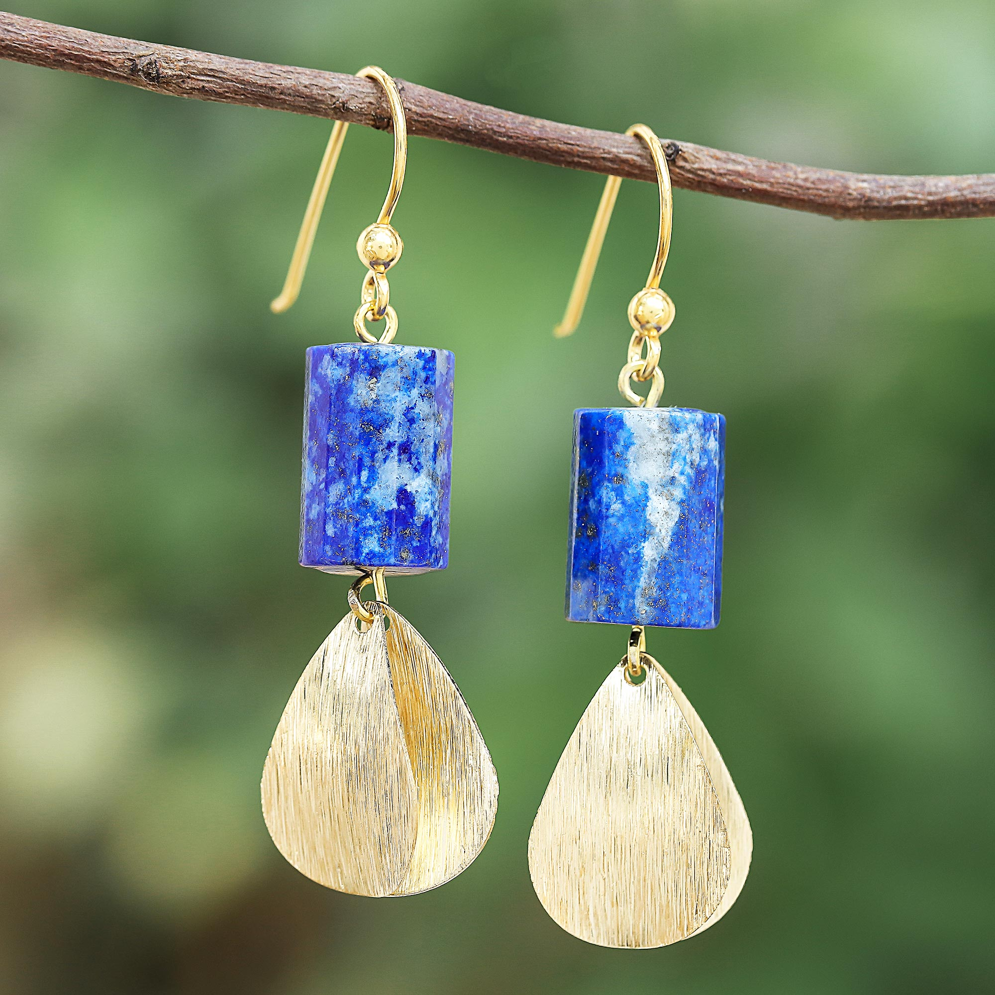Cylindrical Lapis Lazuli Dangle Earrings from Thailand - Blue