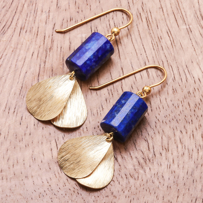 Lapis lazuli dangle earrings, 'Blue Cylinder' - Cylindrical Lapis Lazuli Dangle Earrings from Thailand