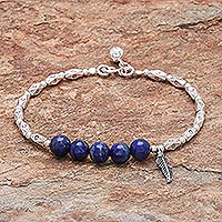 Lapis lazuli beaded bracelet, 'Ringing Feather' - Hill Tribe Lapis Lazuli Beaded Bracelet from Thailand