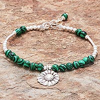 Floral Malachite Beaded Bracelet from Thailand,'Pretty in Green'