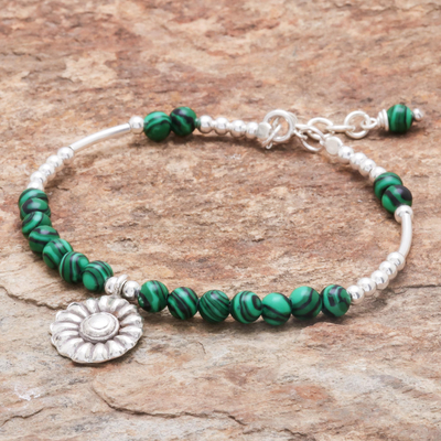 Malachite beaded bracelet, 'Pretty in Green' - Floral Malachite Beaded Bracelet from Thailand