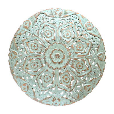 Distressed Floral Teak Wood Relief Panel in Green