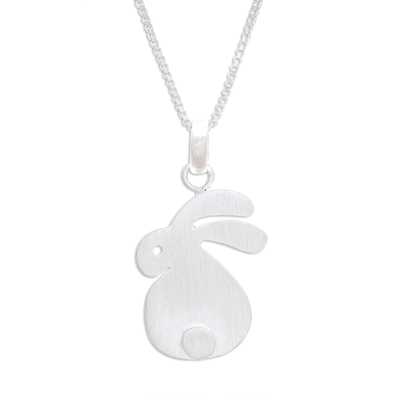 Sterling silver pendant necklace, 'Fluffy Rabbit' - Brushed-Satin Sterling Silver Rabbit Pendant Necklace