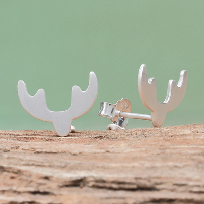 Sterling silver stud earrings, 'Beautiful Antlers' - Sterling Silver Antler Stud Earrings from Thailand