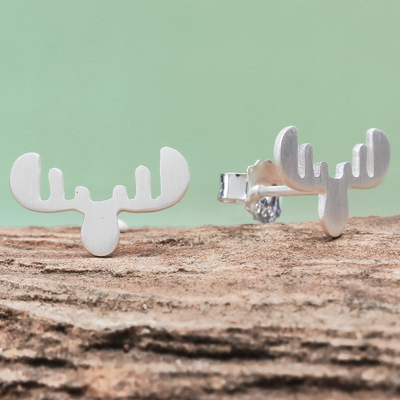 Sterling silver button earrings, 'Moose Antlers' - Sterling Silver Moose Antler Button Earrings from Thailand