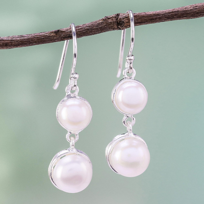 Cultured pearl dangle earrings, 'Double Moons' - Dangle Earrings with White Cultured Pearls from Thailand