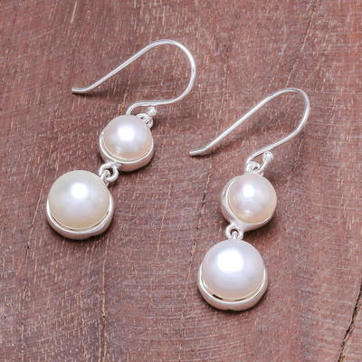 Cultured pearl dangle earrings, 'Double Moons' - Dangle Earrings with White Cultured Pearls from Thailand