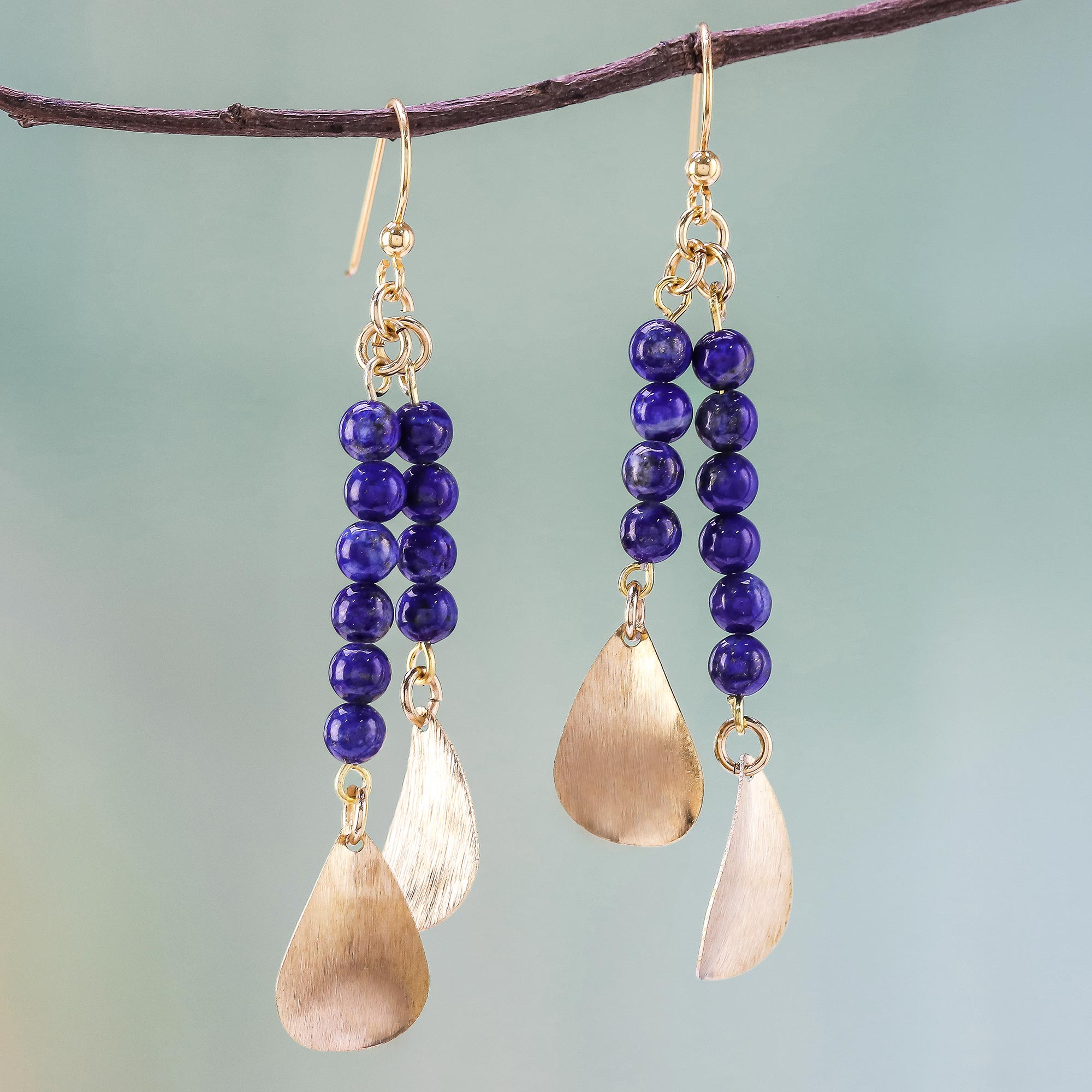 Lapis Lazuli Beaded Dangle Earrings from Thailand - Brushed Petals