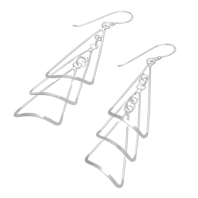 Sterling silver dangle earrings, 'Triangle Triplets' - Modern Triangular Sterling Silver Dangle Earrings