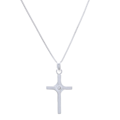 Sterling silver pendant necklace, 'Fabulous Cross' - Brushed-Satin Sterling Silver and CZ Cross Necklace