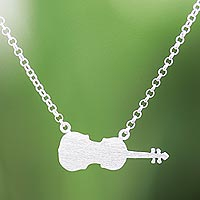 Sterling silver pendant necklace, 'Glistening Violin' - Brushed-Satin Sterling Silver Violin Pendant Necklace