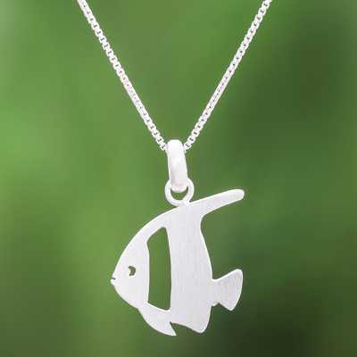 Sterling silver pendant necklace, 'Glistening Angelfish' - Brushed-Satin Sterling Silver Angelfish Pendant Necklace