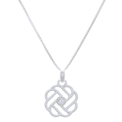 Sterling silver pendant necklace, 'Intricate Weave' - Weave Pattern Sterling Silver and CZ Pendant Necklace