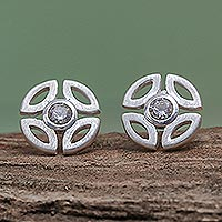 Openwork Sterling Silver and CZ Stud Earrings from Thailand,'Round Wheel'