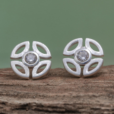 Sterling silver stud earrings, 'Round Wheel' - Openwork Sterling Silver and CZ Stud Earrings from Thailand