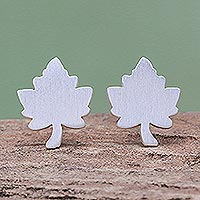 Sterling silver stud earrings, 'Little Maple' - Brushed-Satin Sterling Silver Maple Leaf Stud Earrings