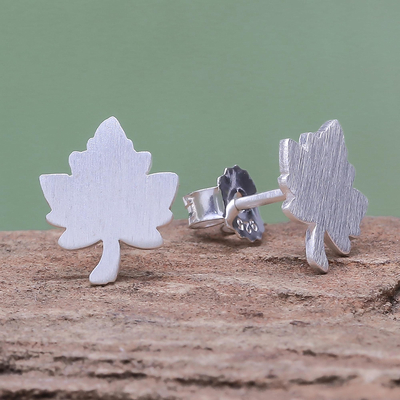 Sterling silver stud earrings, 'Little Maple' - Brushed-Satin Sterling Silver Maple Leaf Stud Earrings