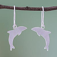 Sterling silver dangle earrings, 'Joyous Dolphin' - Brushed-Satin Sterling Silver Dolphin Dangle Earrings