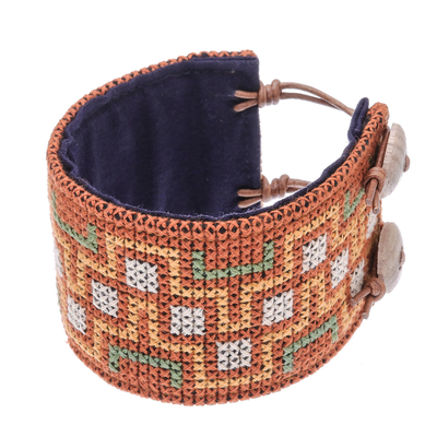 Cotton wristband bracelet, 'Hmong Maze' - Hmong Cross Stitched Cotton Wristband Bracelet from Thailand
