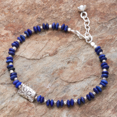 Lapis lazuli beaded bracelet, 'Forested Thailand' - Hill Tribe Lapis Lazuli Beaded Bracelet from Thailand