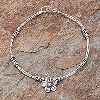 Silver beaded pendant bracelet, 'Life of a Flower' - Floral Hill Tribe Silver Beaded Pendant Bracelet