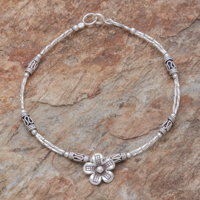 Silver beaded pendant bracelet, 'Life of a Flower' - Floral Hill Tribe Silver Beaded Pendant Bracelet