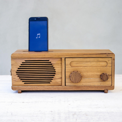Teak wood phone speaker, 'Vintage Radio' - Teak Wood Phone Speaker Shaped Like a Vintage Radio