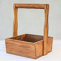 Teak wood basket, 'Classic Holder' - Handmade Teak Wood Basket Crafted in Thailand