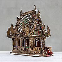 Casa de espíritus de madera, 'Lanna Temple' (16 pulgadas) - Casa de espíritus de madera y vidrio hecha a mano en Tailandia (16 pulgadas)