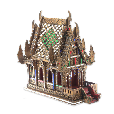 Wood spirit house, 'Lanna Temple' (16 inch) - Wood and Glass Spirit House Handcrafted in Thailand (16 in.)