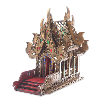 Casa de espíritus de madera, 'Templo de Lanna' (11,5 pulgadas) - Casa de espíritus de madera y vidrio fabricada en Tailandia (11,5 pulgadas)
