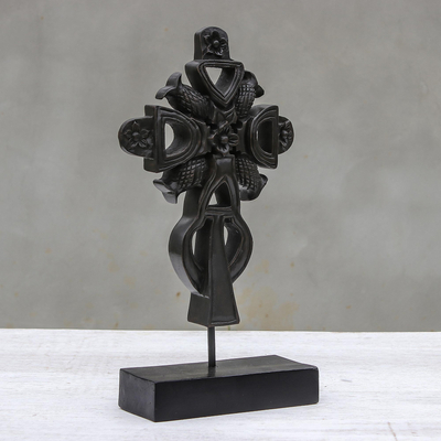 Wood sculpture, 'Royal Sign' - Hand-Carved Floral Mango Wood Cross Sculpture from Thailand