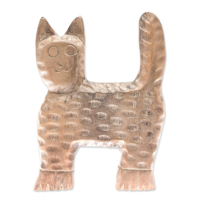 Distressed Raintree Wood Cat Sculpture from Thailand