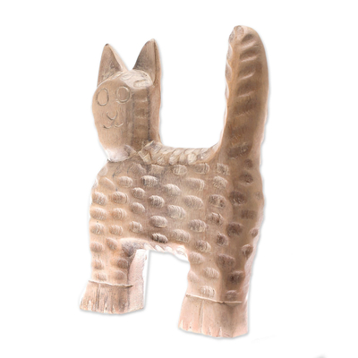 Wood sculpture, 'The Cat' - Distressed Raintree Wood Cat Sculpture from Thailand