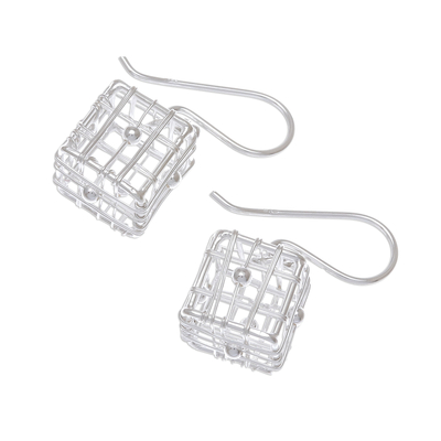 Sterling silver dangle earrings, 'Mysterious Cages' - Modern Cube Sterling Silver Dangle Earrings from Thailand