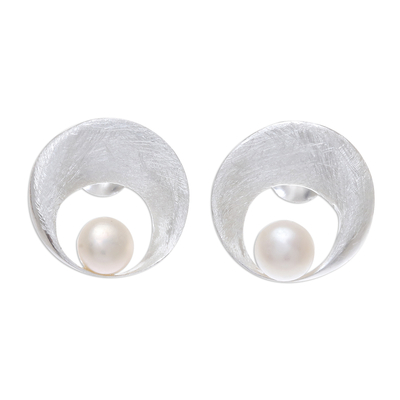 Cultured pearl button earrings, 'Smooth Moon' - Brushed-Satin Cultured Pearl Button Earrings from Thailand