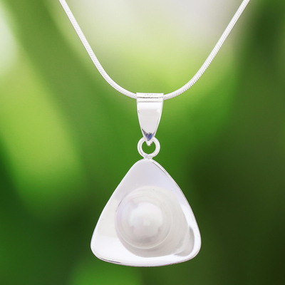 Cultured pearl pendant necklace, 'Pearly Triangle' - Triangular Cultured Pearl Pendant Necklace from Thailand