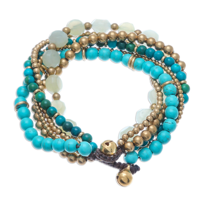 Multi-gemstone beaded torsade bracelet, 'Thai Calm' - Thai Multi-Gemstone Beaded Torsade Bracelet with Bells