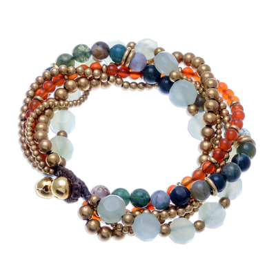 Multi-gemstone beaded torsade bracelet, 'Thai Vibrance' - Multi-Gemstone Beaded Torsade Bracelet with Bells