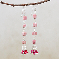Rhodonite and quartz cluster dangle earrings, 'Sweet Cubes' - Rhodonite and Quartz Cluster Dangle Earrings from Thailand